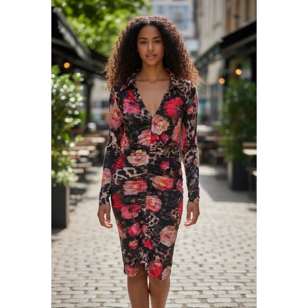 Venus Floral Leopard Print Ruched Midi Dress Floral Sexy Maximalist Boho Chic XL